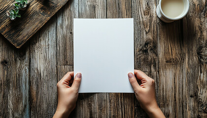 Poster - Hand holding blank paper on rustic wooden table generated by AI