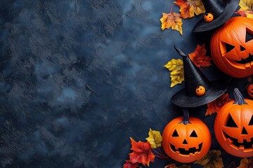 Wall Mural - Bright orange pumpkins with witch hats and autumn leaves, set against a dark, textured background.