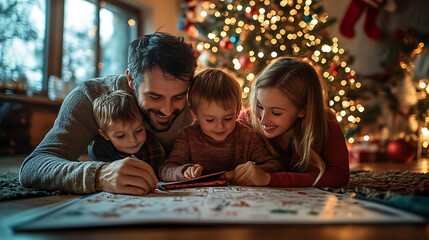 Wall Mural - A family of four is sitting on the floor in front of a Christmas tree, playing a game together