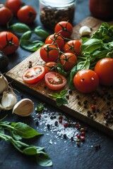 Wall Mural - A rustic assortment of fresh tomatoes, garlic, basil, and spices arranged on a wooden cutting board.