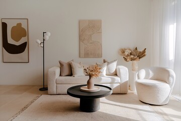 Minimalist Tranquility: A sun-drenched living room bathed in warm light, featuring a neutral color palette, abstract art, and organic textures, epitomizing modern minimalist interior design. 