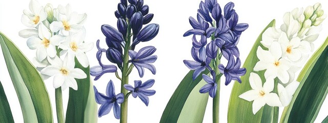 Sticker - Watercolor illustration of monochoria hastata hyacinth a comparison of a bouquet featuring fresh dark purple flowers alongside white opal flowers all on long greenish stems beside large green leav