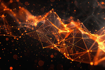 Abstract orange glowing background with polygonal mesh lines & dots on a black backdrop, elegant digital wallpaper, concept of technology, network connection, or data transfer in a futuristic design.