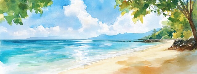 Wall Mural - Watercolor illustration of a serene and picturesque beach