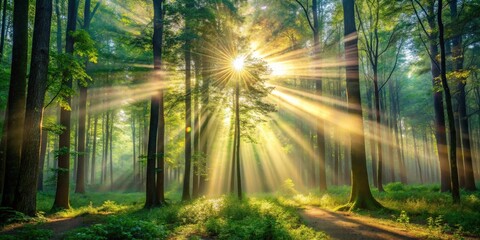 Poster - Sun rays shining through dense trees in the forest creating a magical and enchanting atmosphere