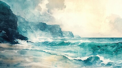 Wall Mural - Watercolor illustration of a stunning coastline