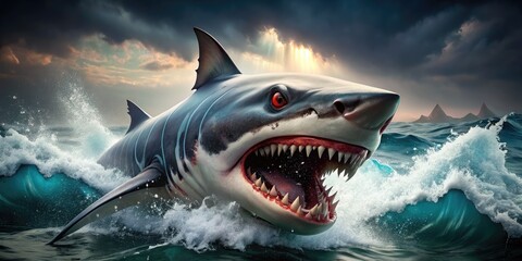 Fierce cartoon shark with sharp teeth and glowing red eyes bursts out of the ocean, surrounded by splashing water and foam, looking furious.