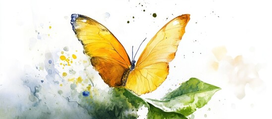 Poster - Watercolor illustration of a yellow butterfly accompanied by a green leaf set against a white background with blurred foreground and background