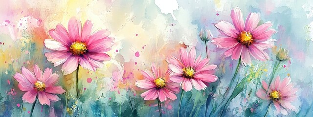 Wall Mural - Watercolor illustration of pink daisies in an impressionistic style