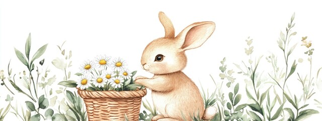 Watercolor illustration of a small bunny with a basket of daisies and leaves Features rabbits and wildflowers on a white background Charming spring design suitable for Easter card creations and pr