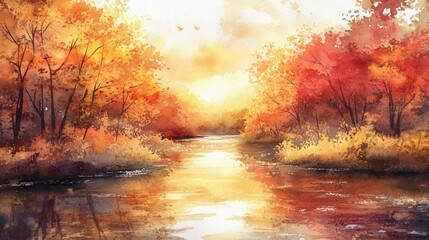 Wall Mural - Watercolor illustration of a river during sunset in autumn