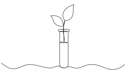 Continuous line drawing chemical glass tube with leaves. Plant sprout inside chemical flask. Science bio experiment. Vector illustration isolated on white.