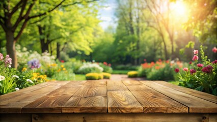 Poster - Empty wooden table in a lush spring garden setting