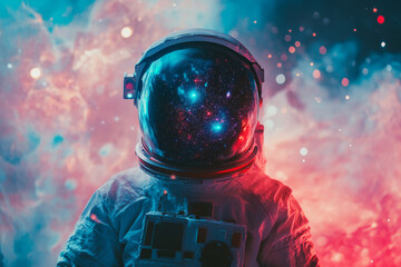 Wall Mural - astronaut wearing helmet against abstract cosmic background. man in spacesuit with neon lighting and