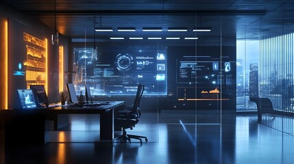 Poster - photograph showcasing a modern and technologically advanced smart office workspace with iot enabled 