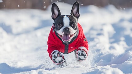 Boston Terrier Running in the Snow