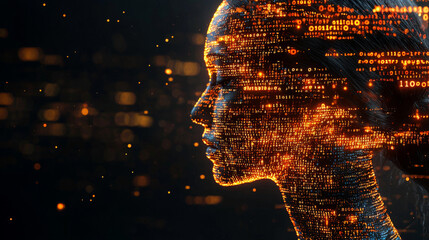 Human head silhouette with code data. 3D Rendering