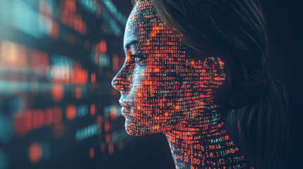 Human head silhouette with code data. 3D Rendering