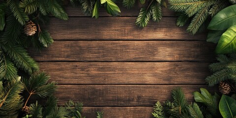 Poster - 3D rendering of an old wooden surface adorned with spruce leaves for summer product display concepts