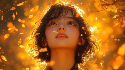 A girl with short hair wearing a school uniform, golden light shining on her face, warm color tone