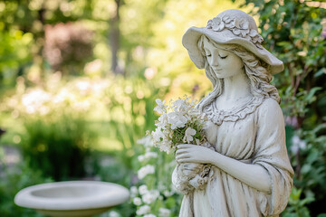 Garden sculpture of woman holding flowers in a lush backyard setting