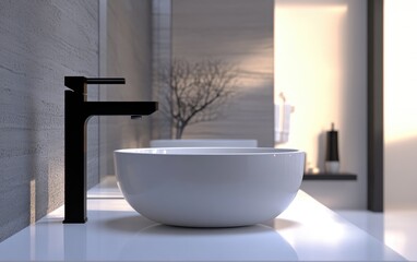 Fototapete - 3D rendering of a bathroom interior featuring a white sink and mixer tap