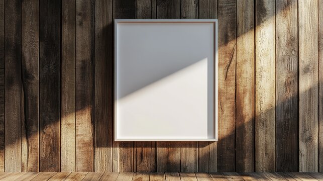3D rendering of a blank white frame displayed on a wooden wall