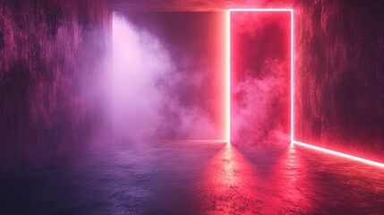 Poster - 3D rendering of an empty wall backdrop with a ray of light smoke and neon illumination creating a magical atmosphere