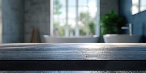 Fototapete - 3D rendering of a table top with a blurred bathroom in the background
