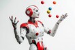 © Retes - A white and red humanoid robot with red and black accents and a white background is juggling five colorful balls.