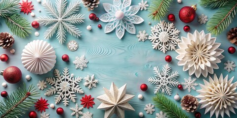 Poster - Festive Christmas flat lay with paper snowflakes, ornaments, and copy space for vertical design