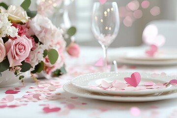 Wall Mural - Romantic table setting with pink petals and flowers for a special celebration in a bright indoor space