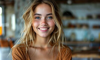 Canvas Print - In a warm and inviting café setting, a young woman exudes joy with her radiant smile, surrounded by a cozy atmosphere filled with rustic decor and natural light