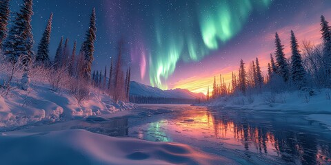 Wall Mural - A panoramic view of the Northern Lights over a heavy snow-covered wilderness, with vibrant green and purple lights dancing in the sky above an icy lake surrounded by trees. 