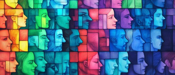 Poster - Colorful Mosaic of Faces in Vibrant Shades