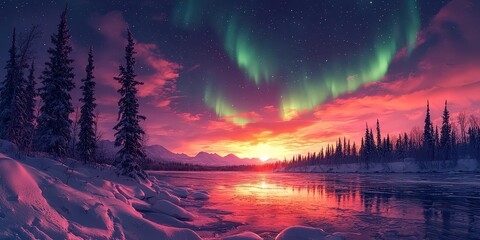 Wall Mural - A panoramic view of the Northern Lights over an Alaskan landscape, with vibrant green and purple lights dancing in the sky above snow-covered trees 