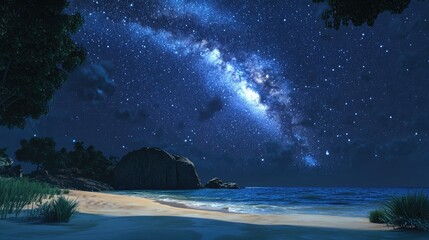 Aufkleber - 3D cartoon visualization of a beach under a dark sky with the Milky Way above