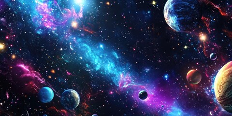 Aufkleber - 2D illustration in a vibrant 3D cartoon rendering featuring a deep interstellar space background with bright flashing stars planets moons and comets showcasing various creative science fiction bac