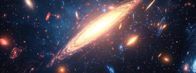 Poster - 3D cartoon depiction of galaxies and nebulae in a dark space setting with an open cluster