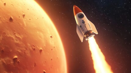 Poster - Rocket flies from Earth to Mars in a 3D cartoon rendering with an astronaut waving in space