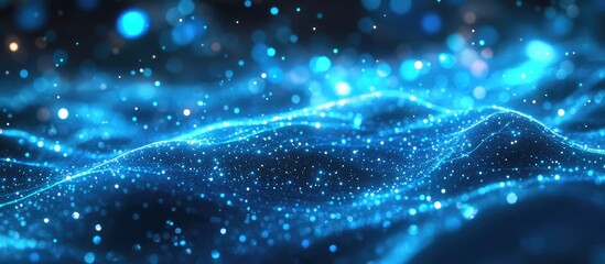 Poster - Abstract blue background featuring glowing particles that create lines and surfaces resembling a futuristic landscape in cyberspace or as a hologram This 3D cartoon rendering presents a sci fi the