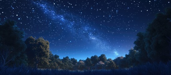 Wall Mural - 3D cartoon visualization of a dark blue night sky filled with stars above a landscape of trees with a Milky Way cosmos backdrop