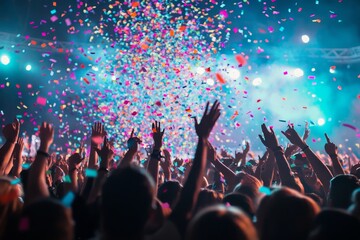 Wall Mural - A vibrant crowd celebrating at a lively concert filled with colorful confetti and bright lighting, creating an electrifying atmosphere