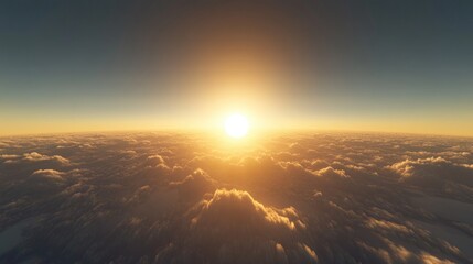 Fototapete - Cartoon 3D illustration of a sunrise over a cloudy ocean viewed from space