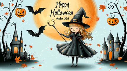 Wall Mural - Happy Halloween October 31st ,Cute witch flying on the orange full moon ,witch hat,witch castle, maple leaf , grave with copy space on light blue background.