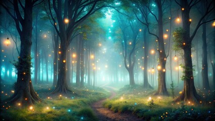 Aufkleber - Mysterious fantasy forest at night with ethereal glowing lights