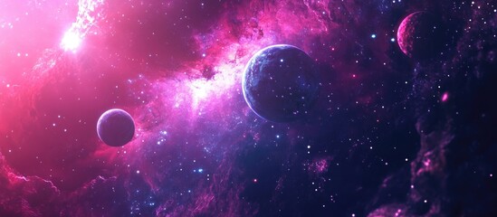 Poster - Cosmic art background featuring a 3D cartoon rendering of planets and galaxies showcasing the beauty of deep space and science fiction Billions of galaxies in the universe in a detailed 3D illustra