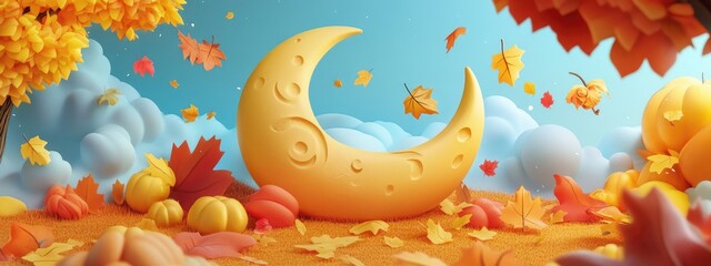 Poster - Illustration of a Moon sign in a 3D cartoon style A vibrant autumn themed collection of icons