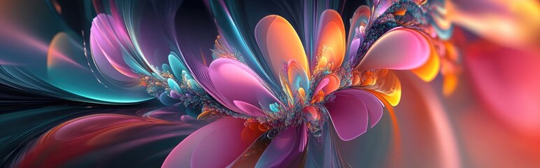 Poster - Beautiful abstract background in 3D cartoon rendering featuring colorful floral fractals and modern graphic art This digital fantasy effect creates a trendy desktop wallpaper with a futuristic fra