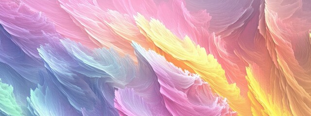 Poster - 3D cartoon depiction of a white abstract background featuring a pastel rainbow texture in pink yellow orange violet and magenta designed with fractal patterns